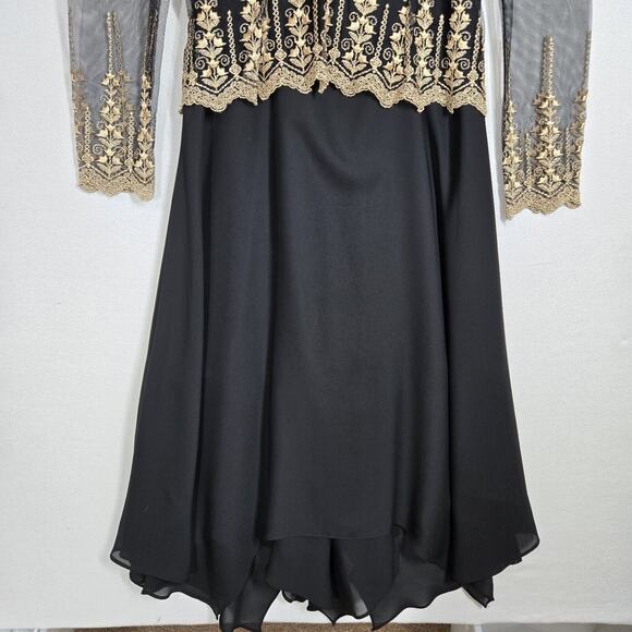 VTG Night Way Midi Dress Sz 6 Black Mesh Chiffon Handkerchief Hem Embroidered - Picture 3 of 15